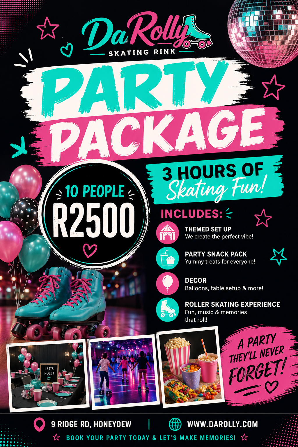 Da Rolly party package poster for 10 people at R2500