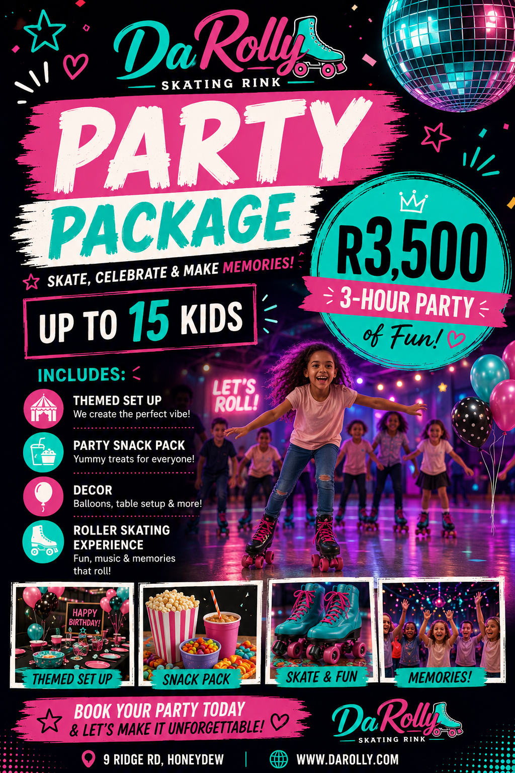 Da Rolly party package poster for up to 15 kids at R3500