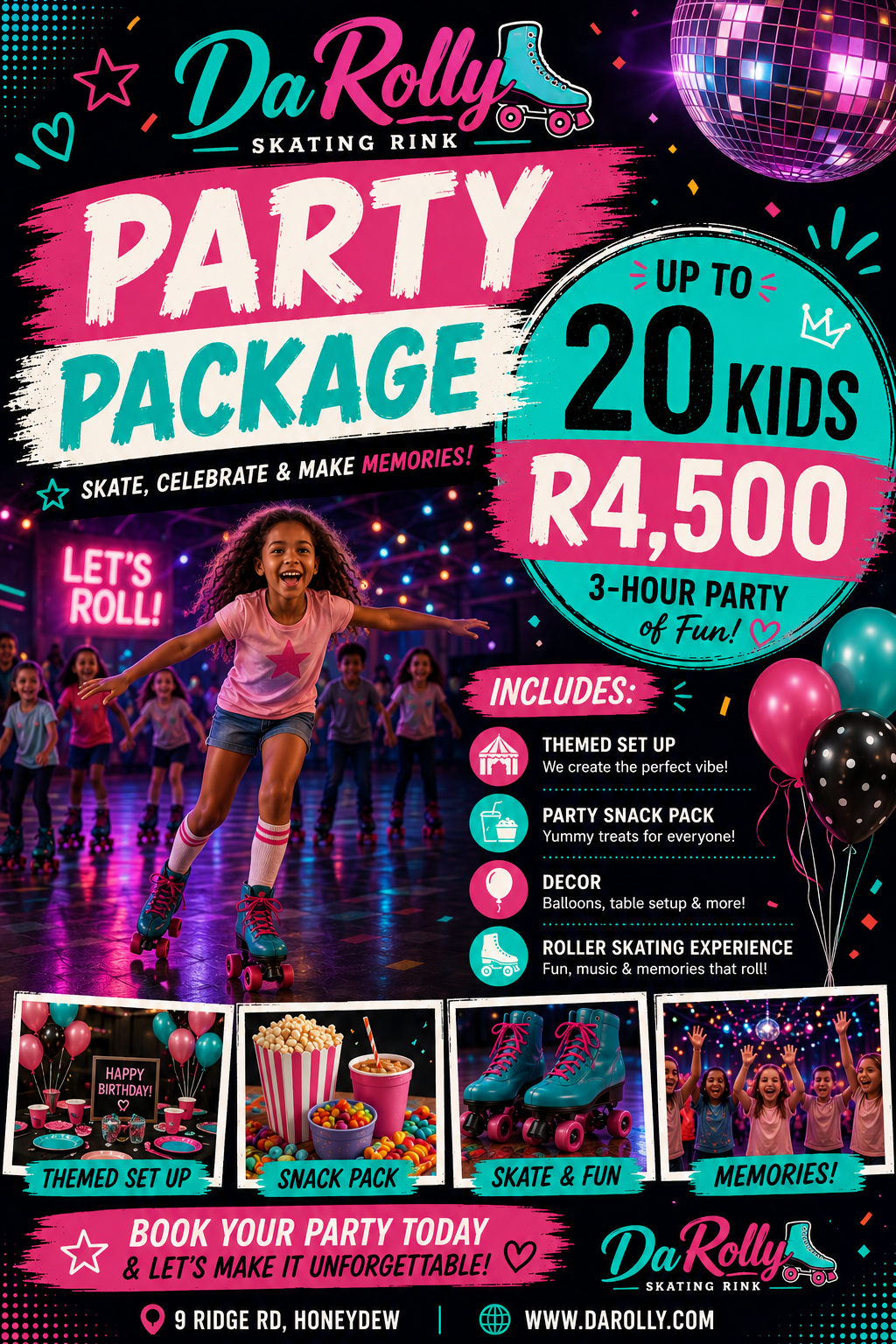 Da Rolly party package poster for up to 20 kids at R4500